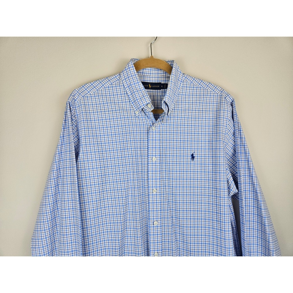 Ralph Lauren Mens Blue White Plaid Cotton Button Down Shirt Large Long Sleeve